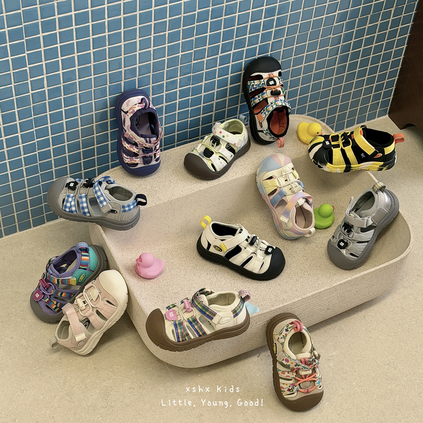 Xshx Daily Functional Shoes | Children's Spring/Summer Breathable Non-Stuffy Hollow-Out Magic Tape Closed-Toe Anti-Kick Rubber Soft Sole Unisex