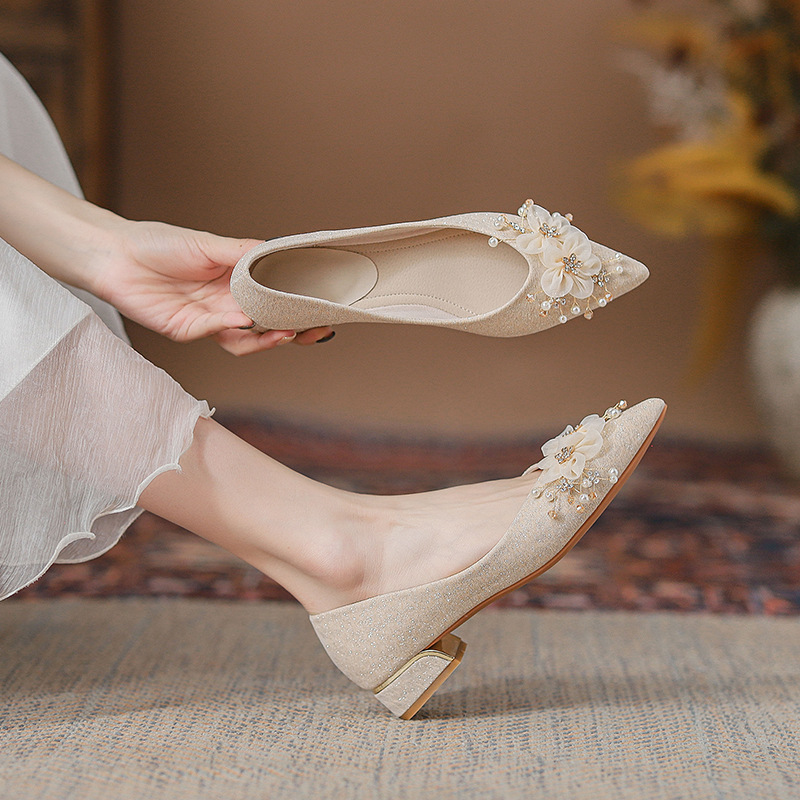 327-55 In-Stock Glitter Fairy Bridesmaid Shoes Boat Shoes Pointed Toe Wedding Shoes Women's Flat Heel Bridal Shoes Flat Single Shoes Women