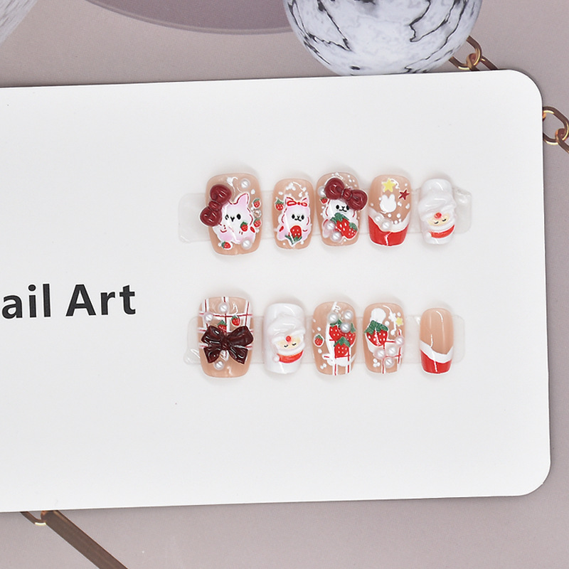 10 piezas de dibujos animados rojos manicure para usar piezas de uñas productos terminados al por mayor corto arco de Año Nuevo lindo piezas de manicure