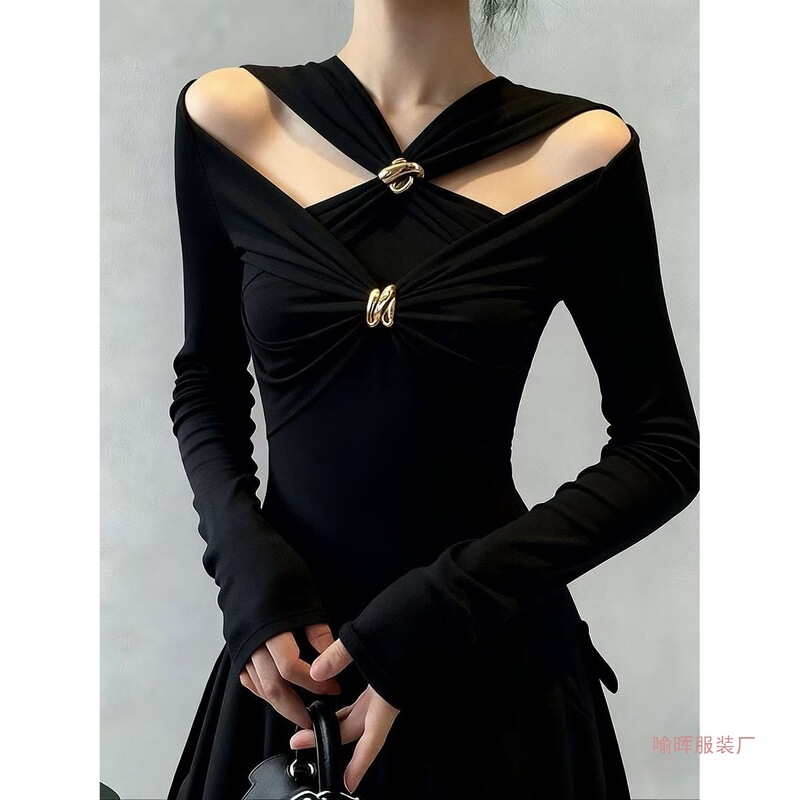 Trendy Black Waist-Cinching Slim-Fit Long-Sleeve Top with a Sweet and Spicy Design, Hollow-Out Off-Shoulder Base Shirt, Regular Style Trendy Black Waist-Cinching Slim-Fit Long-Sleeve Top with a Sweet and Spicy Design, Hollow-Out Off-Shoulder Base Shirt, Regular Style