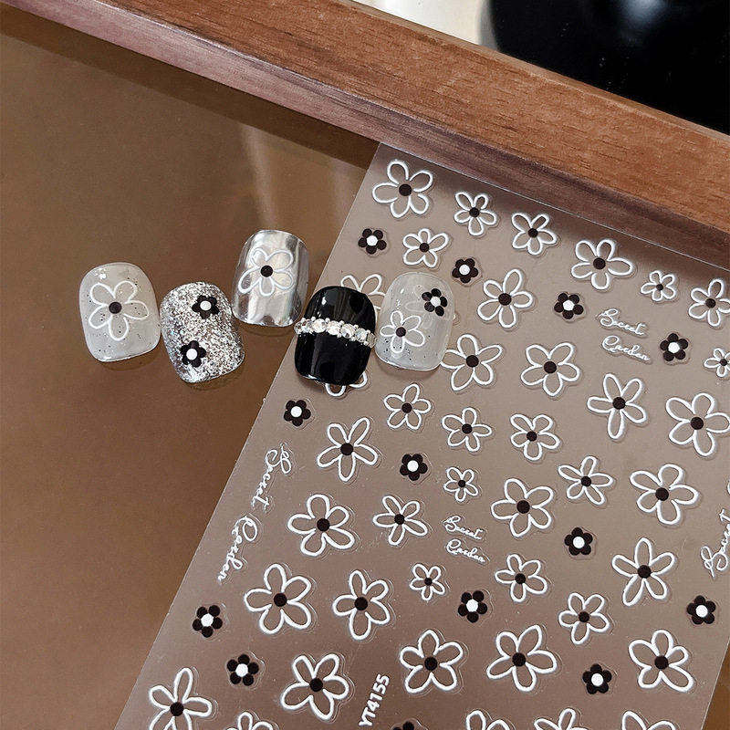 Embossed Black and White Floral Nail Art Stickers with Hollow Lines and Adhesive Backing, Wholesale Embossed 3D Nail Decorations