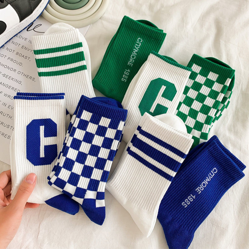 Klein blue tide socks Big C sock checkerboard student ins trend middle stockings autumn and winter long sports socks