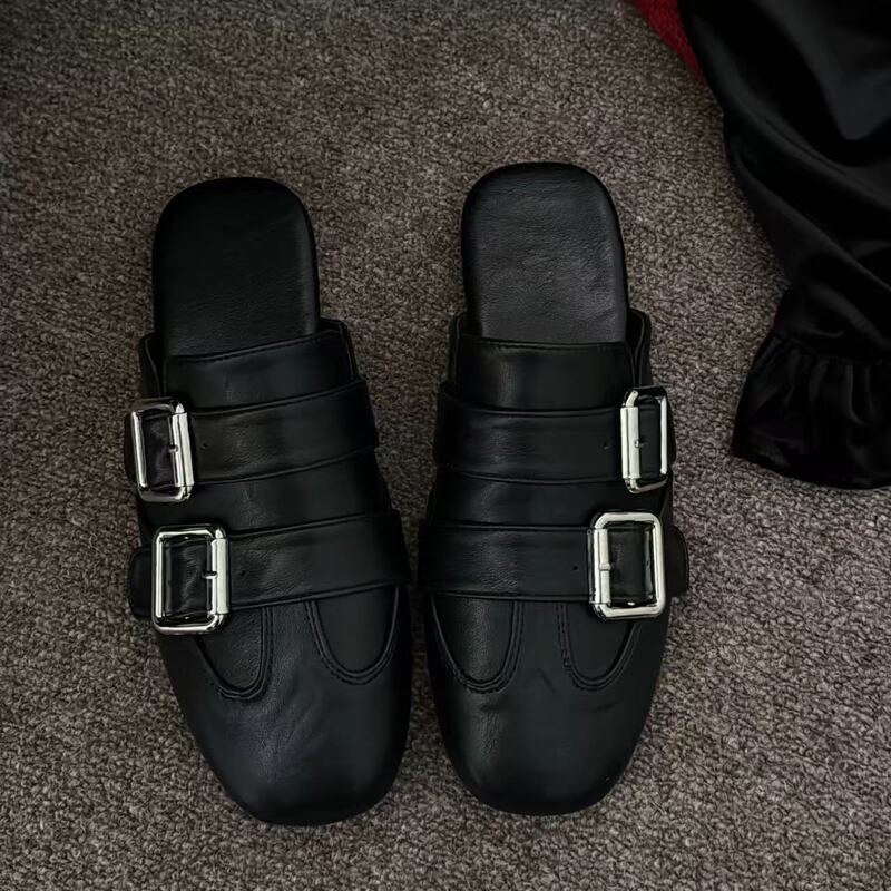 26050348 Can Be Customized Casual Double-Buckle Closed-Toe Slip-On Mules