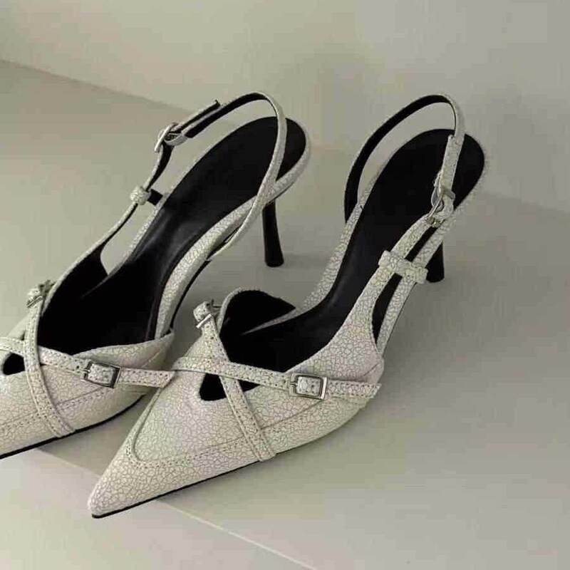 Crazy Star Cluster ~ Off-White Genuine Leather High-Heeled Shoes for Women, High-End Stiletto Pointed Toe Belt Buckle Toe Sandals