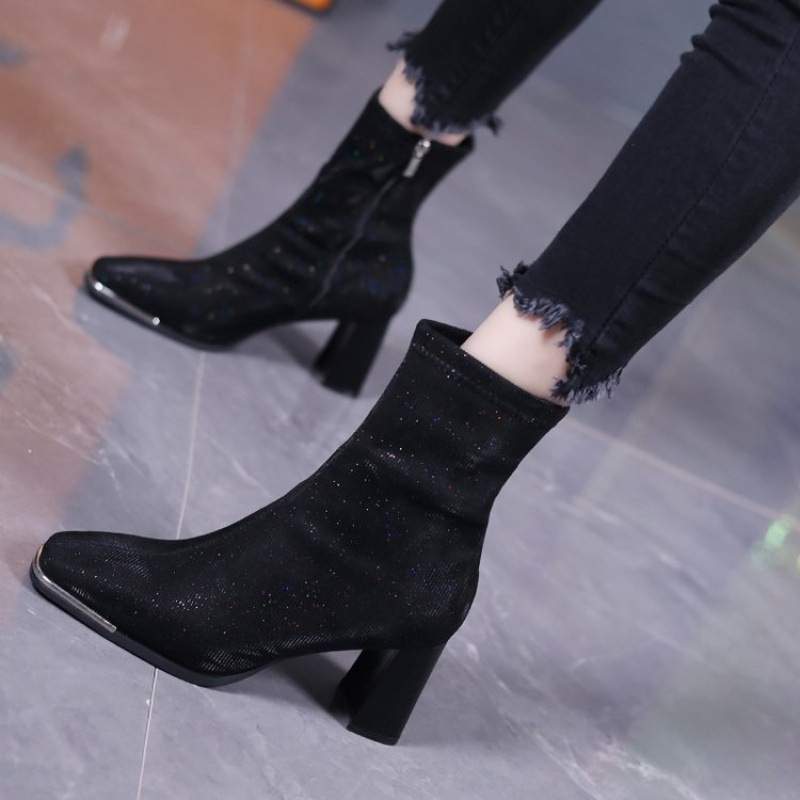 Black autumn universal fashionable low boots heels square toe with…