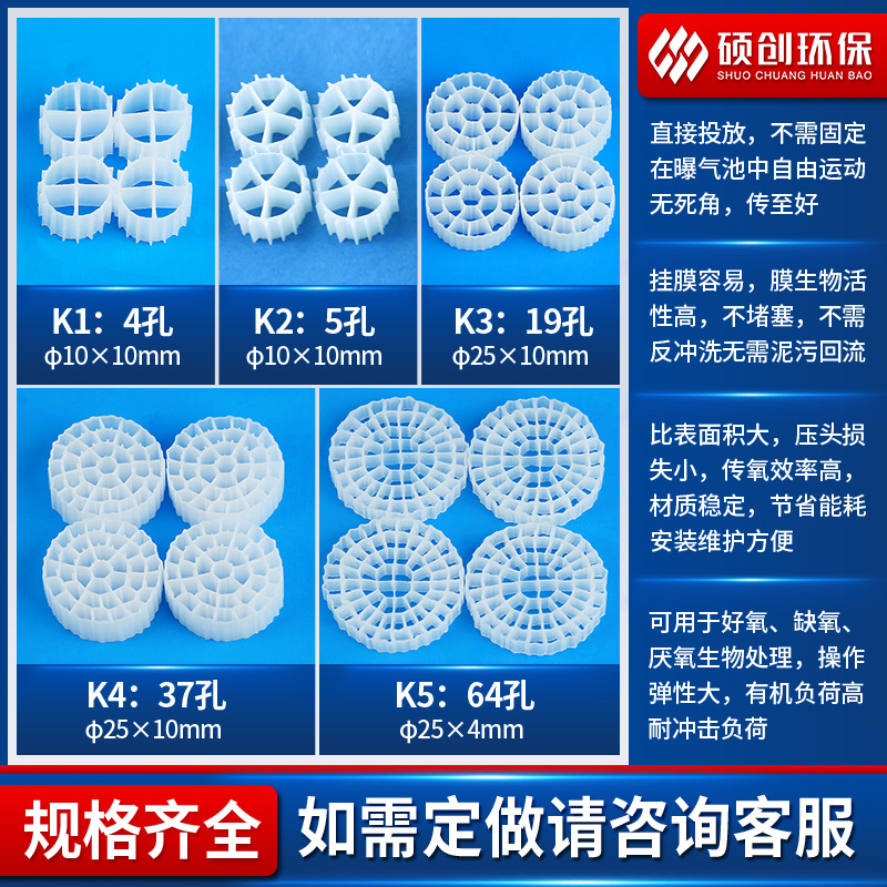 Tratamiento de agua MBBR embalaje acuario de peces filtración activa suspensión PE biofilmembrana de cultivo de bacterias k1k2k3 embalaje de lecho fluidizado