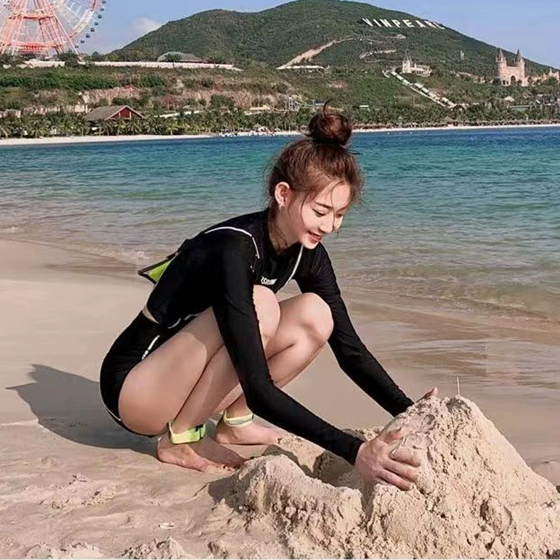 Разделенная чёрная водолазка, обтягивающий комплект, купальник, высокая талия, защита от солнца