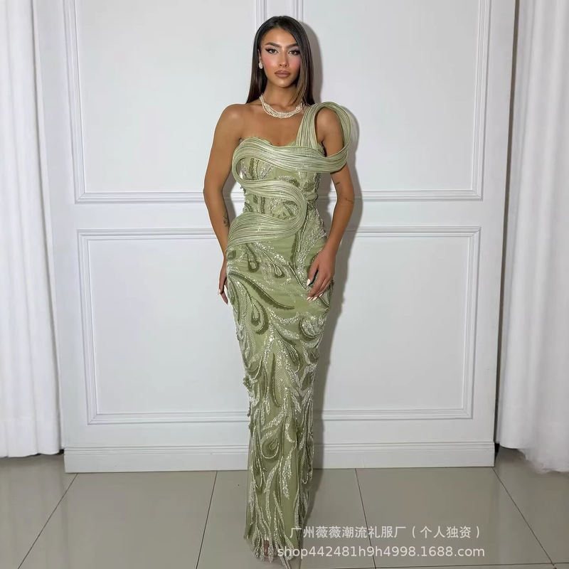 New European and American Style Independent Brand Heavy Beaded Sequin Sexy Slim-Fit Bodycon Floor-Length Party Evening Dress for Women