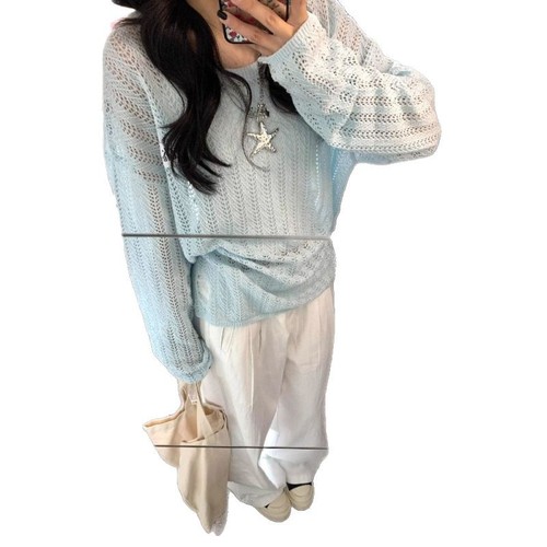 YUNS慵懒风镂空针织套头防晒罩衫宽松休闲上衣女韩系百搭长袖毛衣