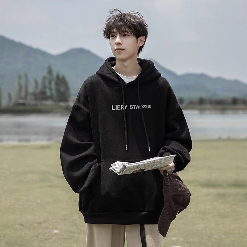 Navy blue hooded sweatshirt for men, autumn American style, simple letter print, trendy oversized hoodie, heavyweight top