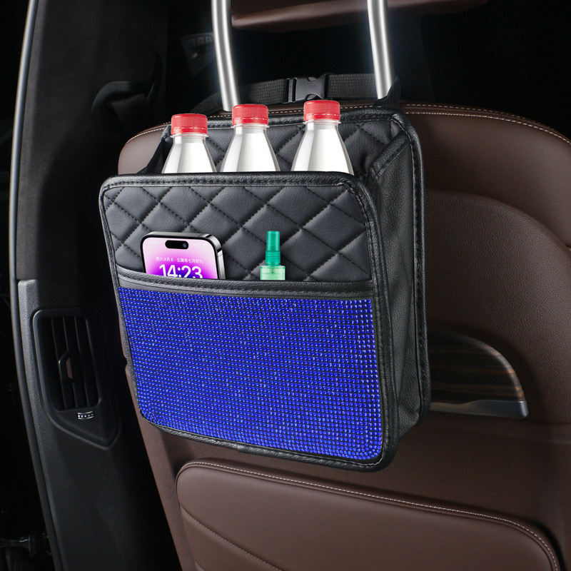 Bolsa de almacenamiento trasera de asiento de diamante de automóvil transfronterizo, bolsa colgante, caja de almacenamiento multifuncional, bolsa trasera de asiento de diamante montada en automóvil
