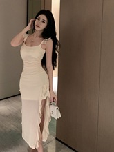 美式韩版设计感新款纯欲风性感御姐飞飞袖网纱不规则包臀连衣裙女