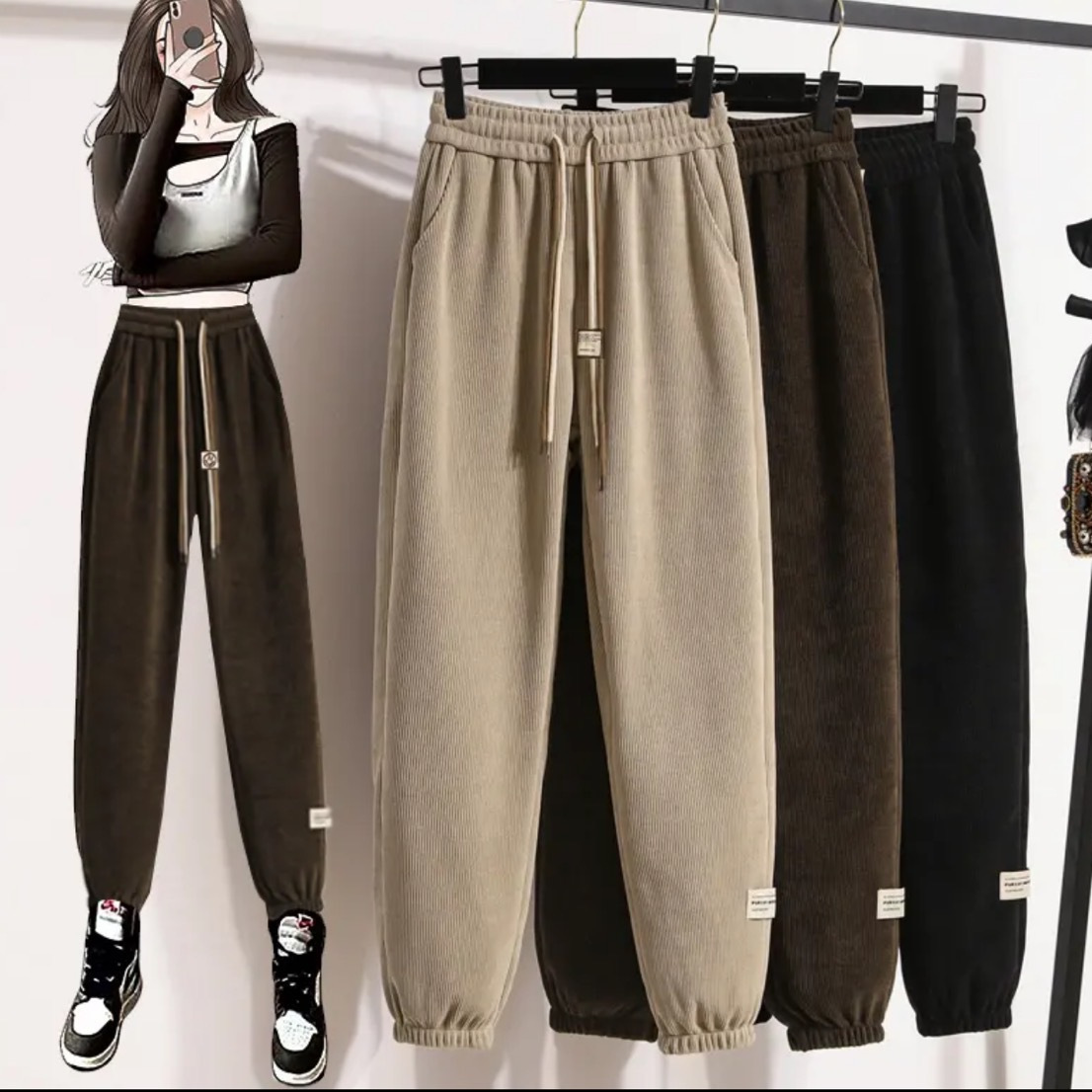 Lana forrada de pana engrosada Otoño e Invierno de cintura alta caliente casual tobillo-atado deportes harem Pantalones ropa de mujer image 6