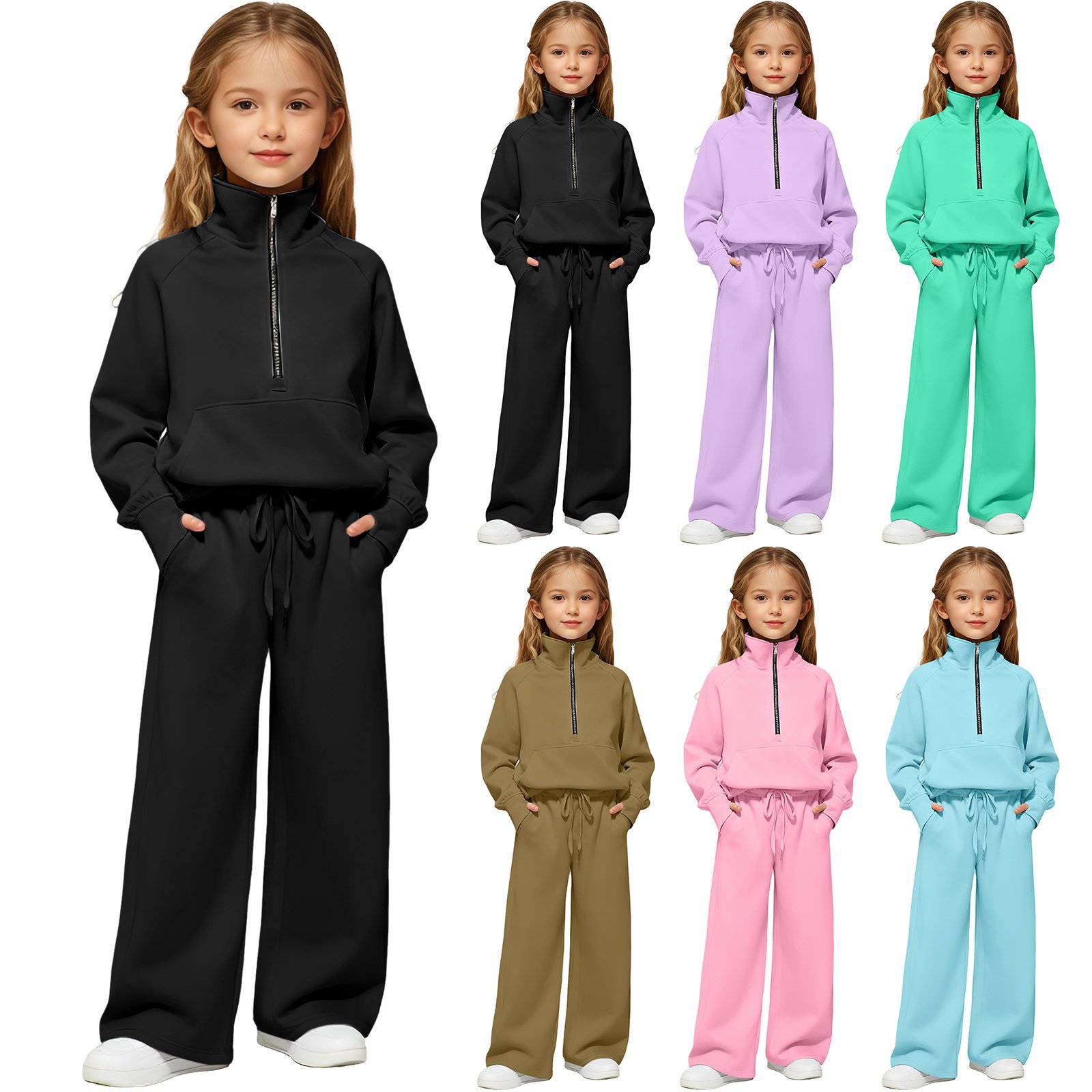 2025 European and American Amazon European and American Two-Piece Half-Zip Sweatshirt Wide-Leg Sweatpants Casual Children's Suit