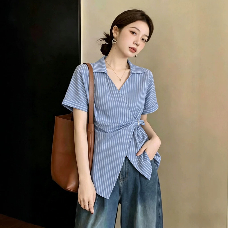 Blue Striped Polo Collar Short-Sleeved Shirt for Women Plus Size Irregular Tie Waist Short-Sleeved Top A11942