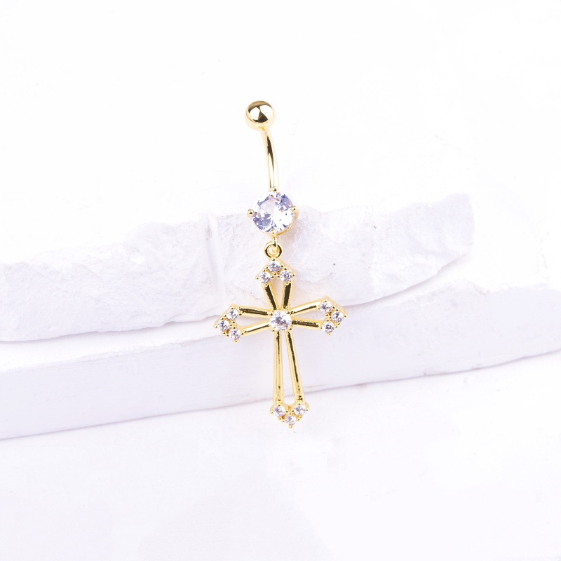 Diamond Crown Cross Belly Button Ring Gold Dangle Body Piercing Jewelry detail image 11