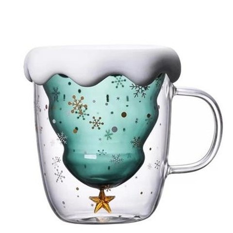 Taza navideña de vidrio de doble capa con asa, diseño de estrella y deseos, ideal para leche o jugo