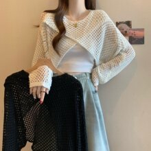 韩系不规则镂空交叉披肩针织衫女夏新款网罩衫宽松显瘦外搭上衣女