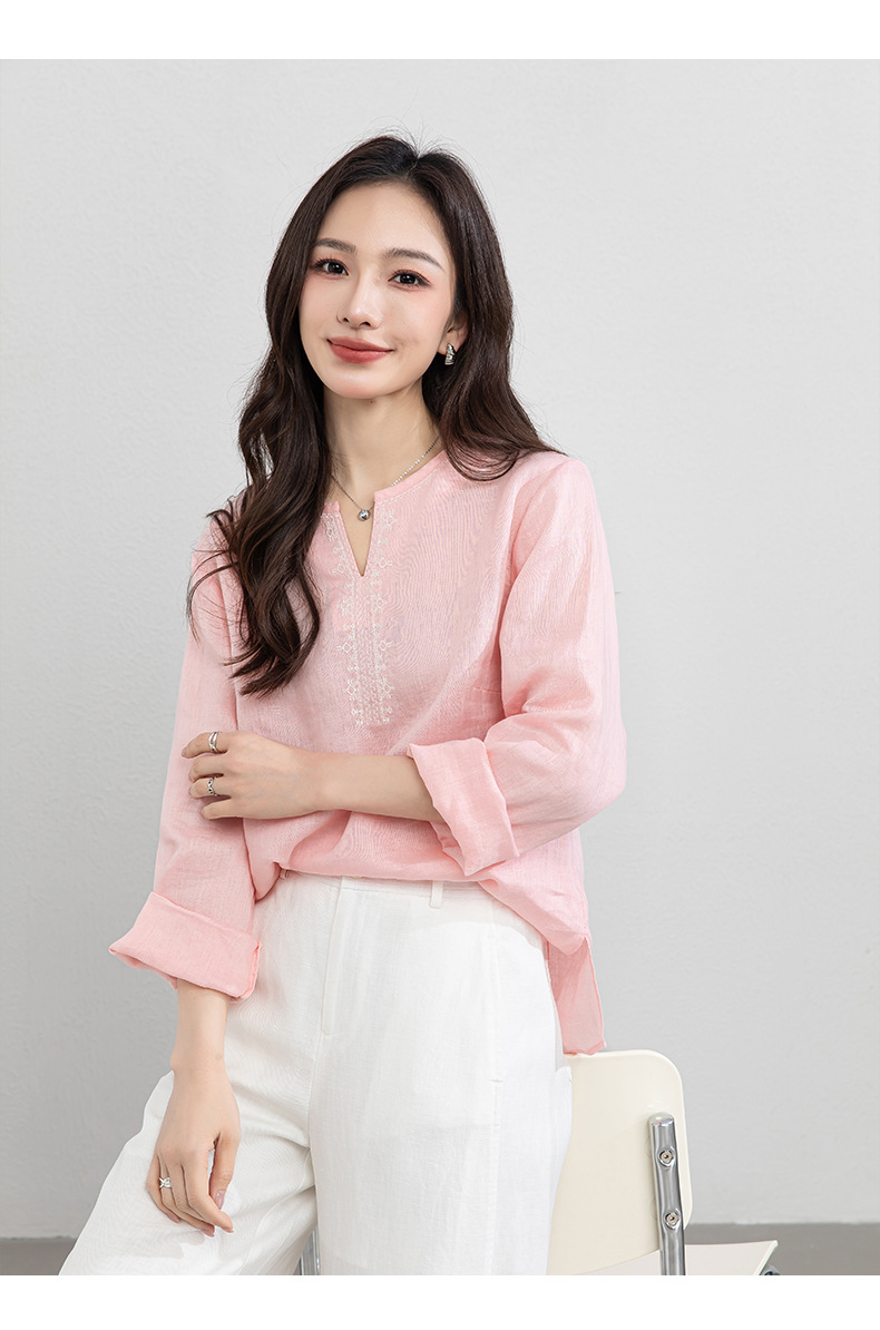 Áo sơ mi nữ linen cổ V thêu hoa tay lỡ rộng — Lời bài hát: Seventeen Sleeves chi tiết 18