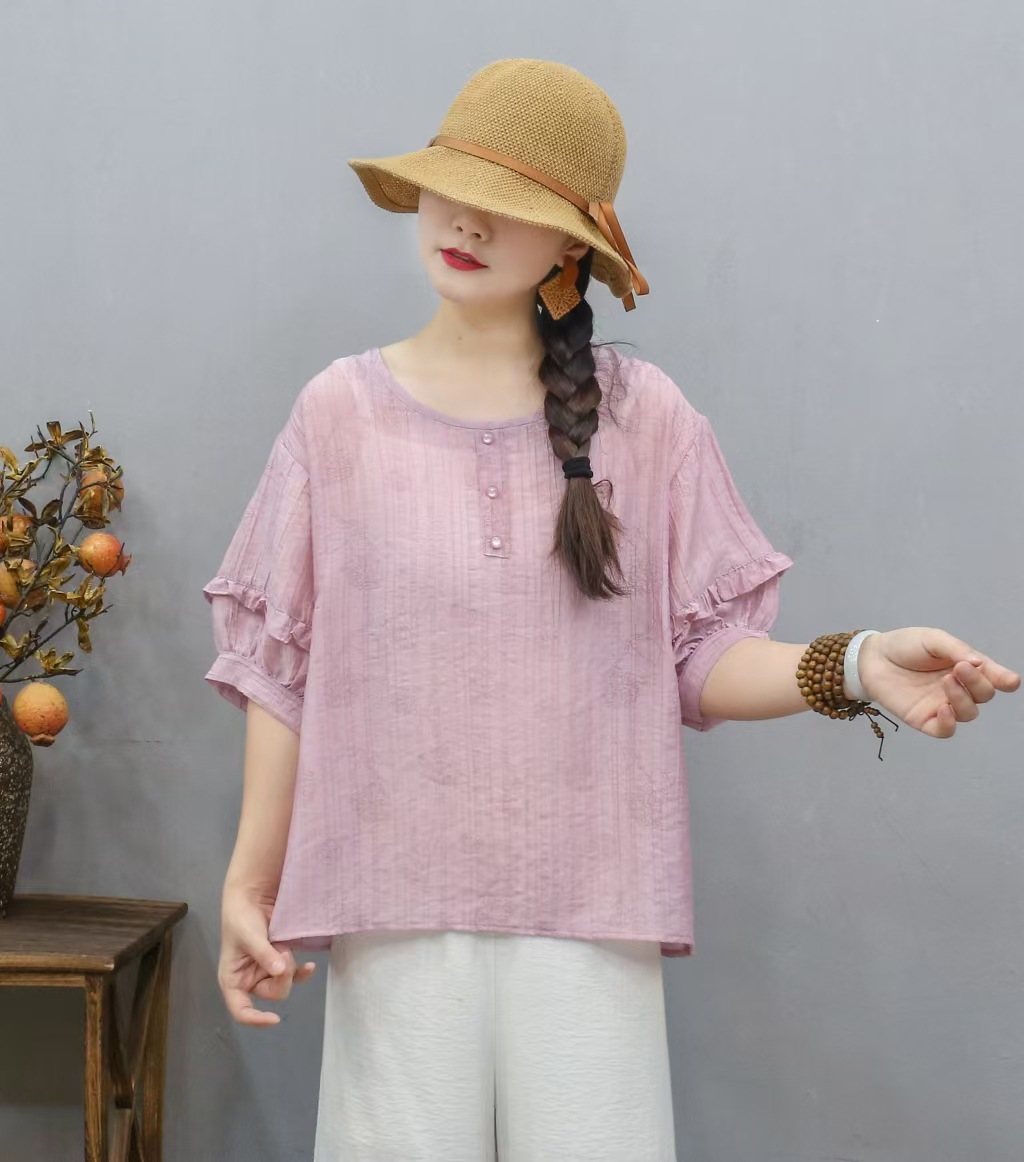 Transfronterizo 2025 primavera y verano nuevo estilo chino de ropa de mujer camiseta estampada mangas de linterna camiseta de mujer collar redondo literatura y arte image 8