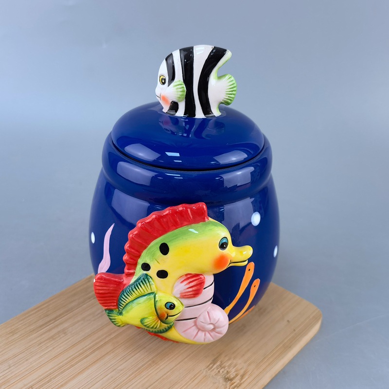 Cavallo de mar cerámico transfronterizo dibujado a mano en relieve tanque de azúcar tanque de almacenamiento estilo europeo adorable serie marino modelado suministros de cocina
