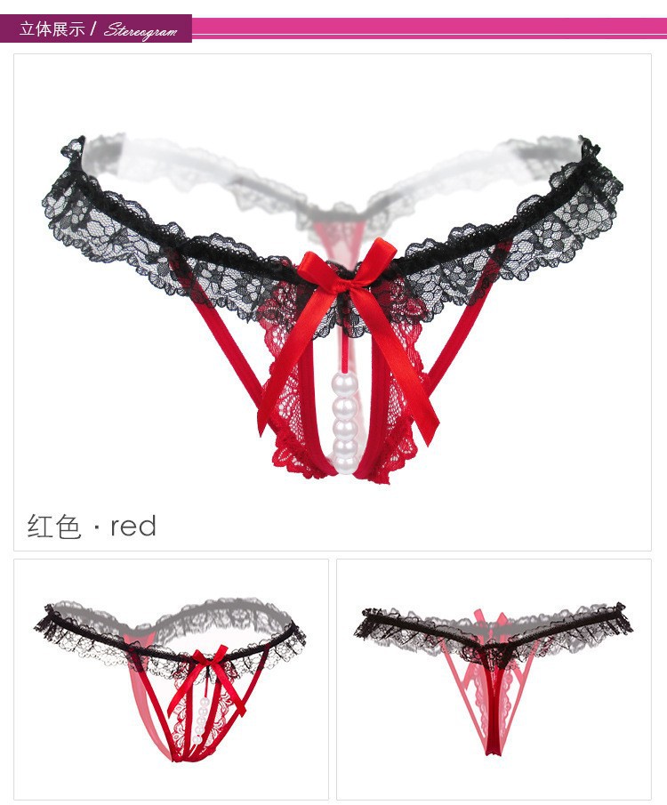 Women’s Lace Hollow-Out Thong with Pearl Massage Detail, Open Crotch, Stretch Fit, Pink — detail image 4