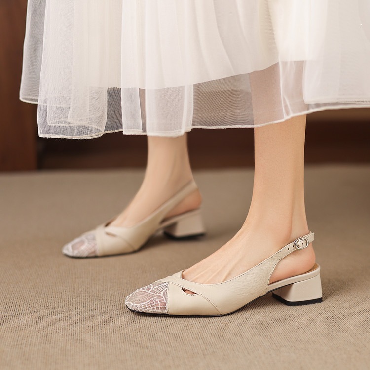 Sandal cao gót nữ hở mũi da cừu lưới phối màu quai ngang khóa — màu đen, màu trắng ngà chi tiết 66