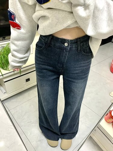 Deep Blue Fleece Lined Flared Jeans for Women - Autumn/Winter Style, Loose Fit, Non-Stick, Slim Straight Leg Flared Pants