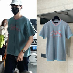天井品質 25SS トレンドブランド 新品 V ネオンサイン イルカ ジャガード ウール 半袖 Tシャツ 男女兼用 トレンド