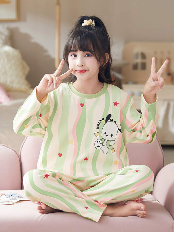 女の子のパジャマの長袖の純綿の薄いタイプの秋の服の中で大きい子供のパチャの犬の子供の王女の赤ちゃんの家庭服のスーツ|undefined