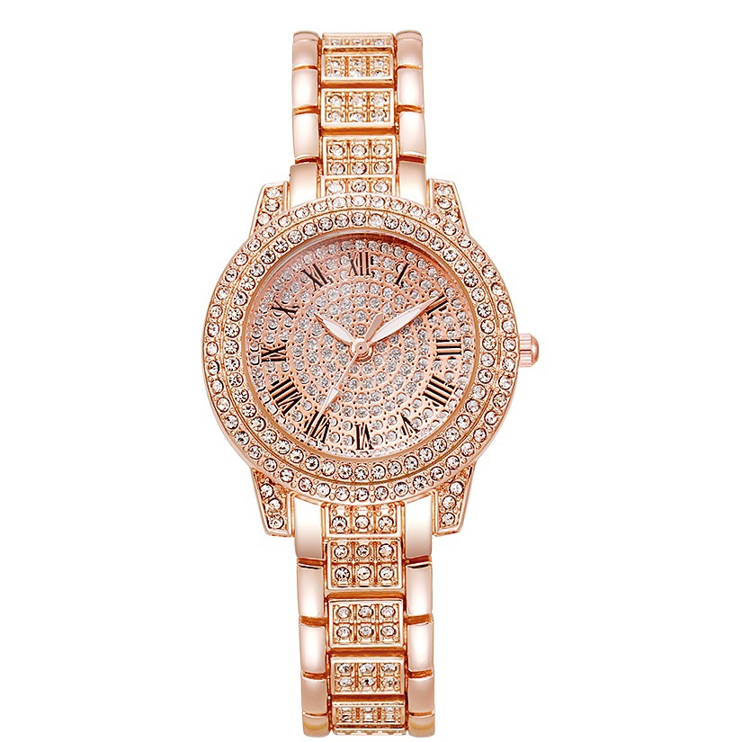 Reloj electrónico para mujer, estilo nicho, reloj de cuarzo con incrustaciones de diamantes para estudiantes, reloj de mujer con diseño romano en oro rosa y diamantes completos, venta al por mayor.