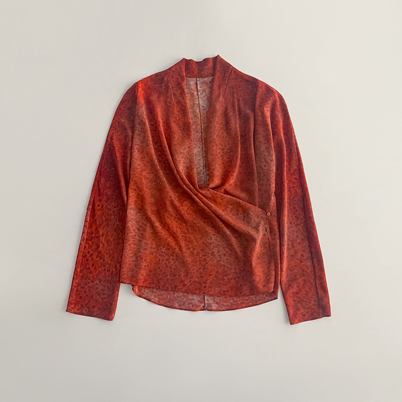 Niche Designer V Neck Cross-Wrap Bolt Top Pomegranate Red Printed Silk Light Long-Sleeved Shirt Summer
