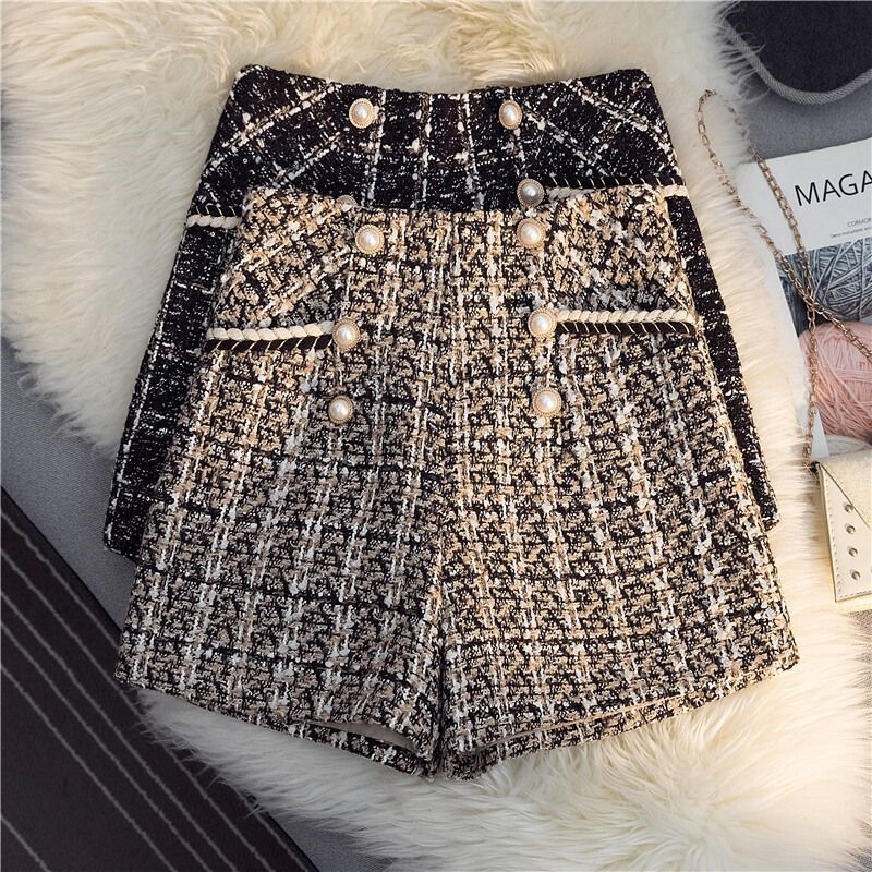 Chanel-Style Women's Shorts, New Spring and Autumn Versatile Double-Breasted High-Waisted Slimming Tweed A-Line Wide-Leg Pants for Petite Figures