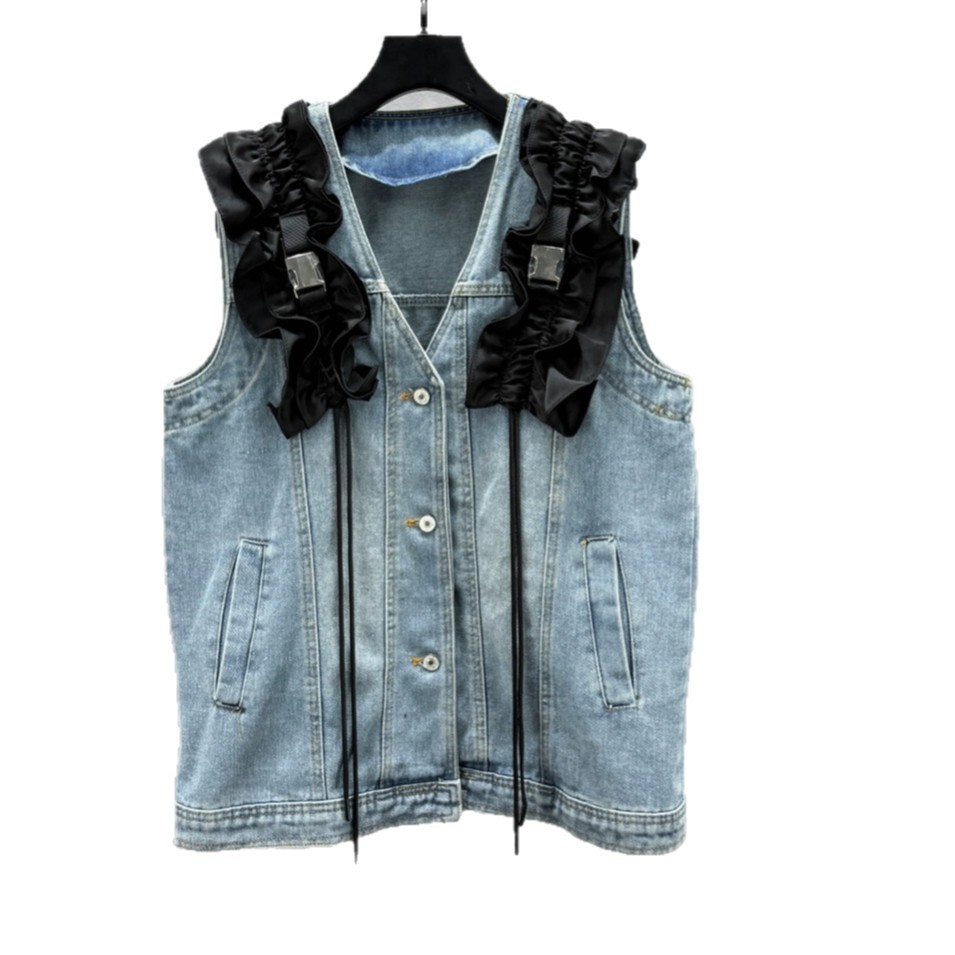 Los productos europeos de diseño de empalme de hojas de loto sin mangas chaleco de vaqueros primavera y verano 2025 nuevo estilo de empalme de moda de la industria pesada clip image 5
