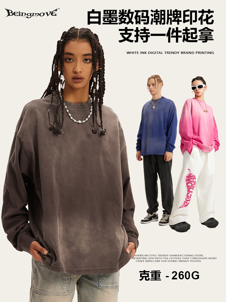 2025 otoño marca de moda americana ins peso pesado 260g lavado degradado marca de moda con hombros caídos camiseta suelta de manga larga hombres
