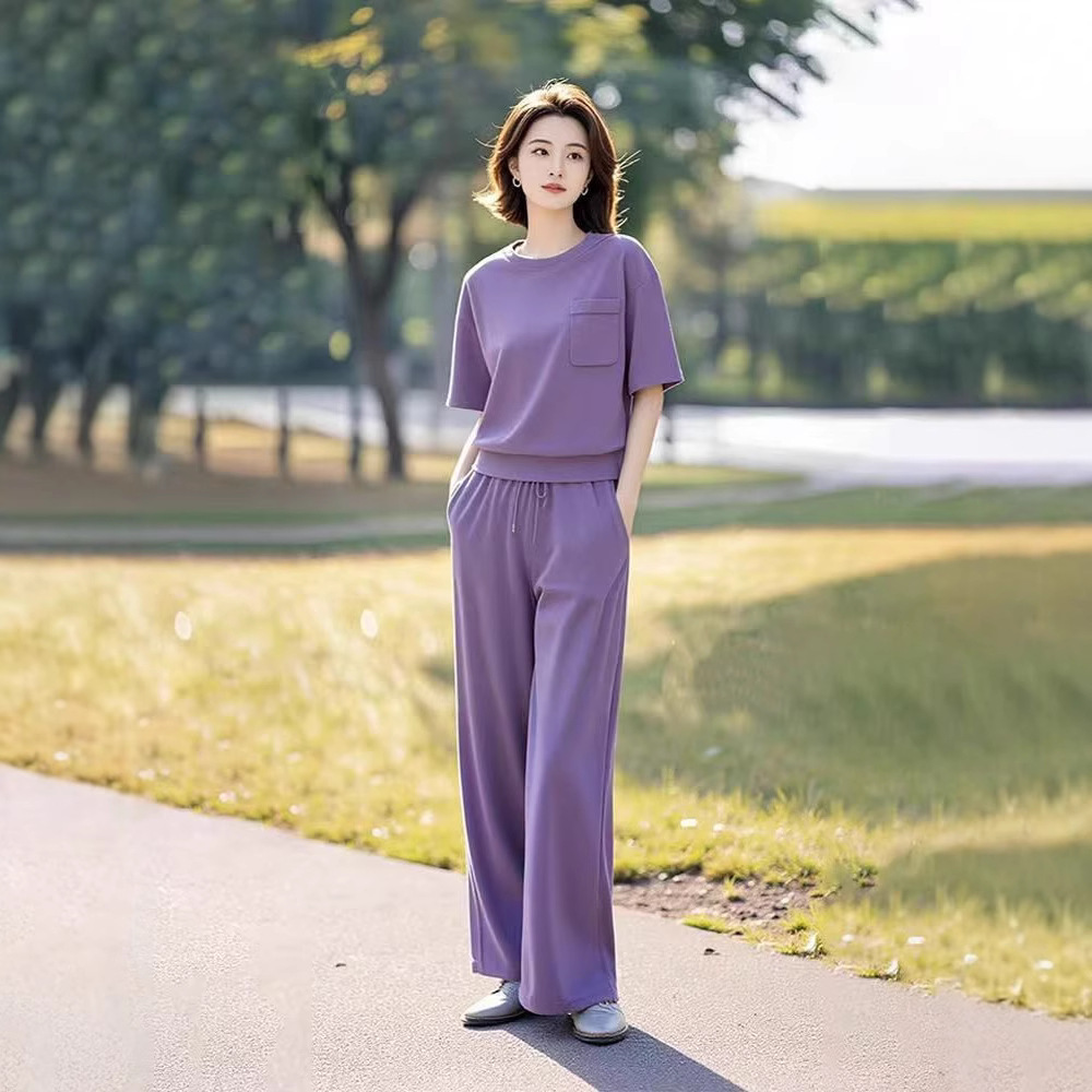 여름 신작 한국 여성 캐주얼 다목적 스포츠 정장 루즈한 반팔 티셔츠 와이드 팬츠 투피스 트렌디 세트