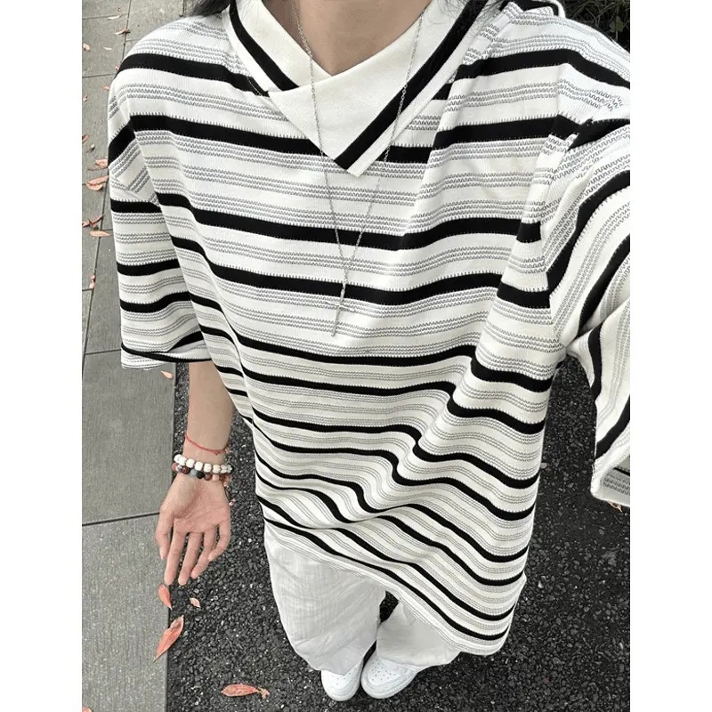美式不规则斜领polo衫短袖男夏季设计感撞色条纹翻领t恤小众半袖|undefined