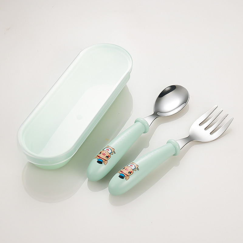 작은 만화 - 녹색 돼지 숟가락과 포크 세트
