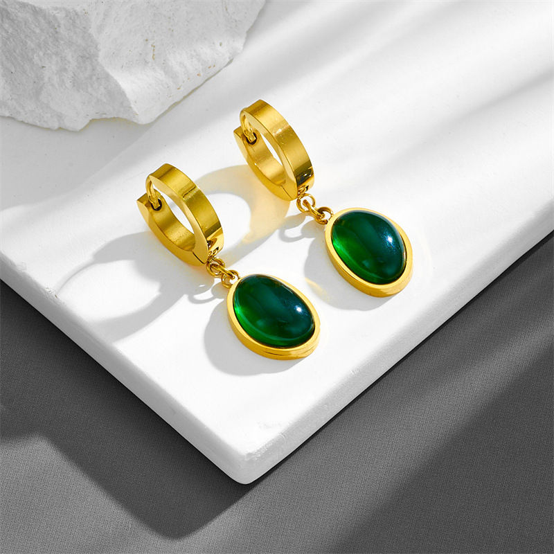 Business Occasion Titanium Steel Material Oval Pattern 1 Pair Elegant Oval Titanium Steel Inlay Natural Stone Drop Earrings