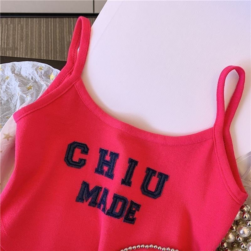 Girls' Summer New Camisole With Letter Print, Short Sleeveless Outerwear Top, Trendy 0188A052_ecoleips.com