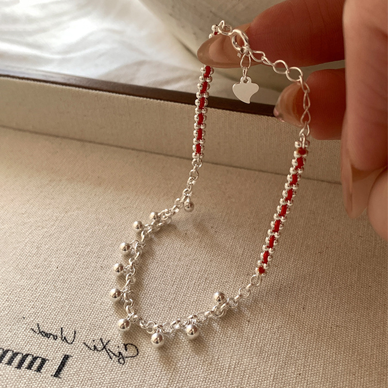 Benmingnian Red Rope Silver Ball Tassel Bracelet Women's Light Luxury Niche Personality Simple All-match Elegant Bracelet for Girlfriends
