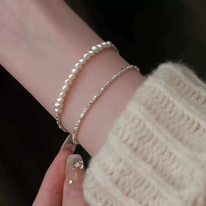 s925银碎银子手链细款抖音ins波光粼粼天然珍珠手链女士纯银手饰