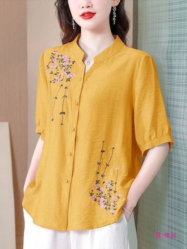 Mom Embroidered Short Sleeve Cotton Linen Women's 2025 Summer Loose Cover Belly Fashionable Plus Size Shirt