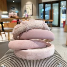 2025韩版蕾丝花朵海绵宽发箍高颅顶甜美仙女森系粉色米色头箍发卡