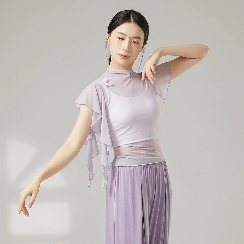 Классический танцевальный топ для взрослых женщин, тонкий, с высоким воротником, элегантный, из марли, в стиле бабочки, современный танцевальный топ, тренировочный наряд.