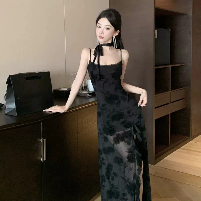Популярное летнее кружевное жаккардовое платье с подтяжками, облегающее, юбка средней длины для горячих девушек, элегантное кружево на талии и с разрезом.