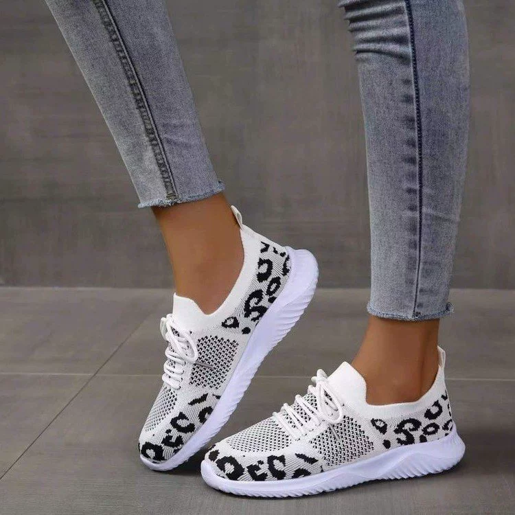 Внешняя торговля женская обувь больших размеров независимая станция 2023 весна и осень Новая леопардовая Летающая тканая сетка на танкетке повседневная спортивная обувь для женщин