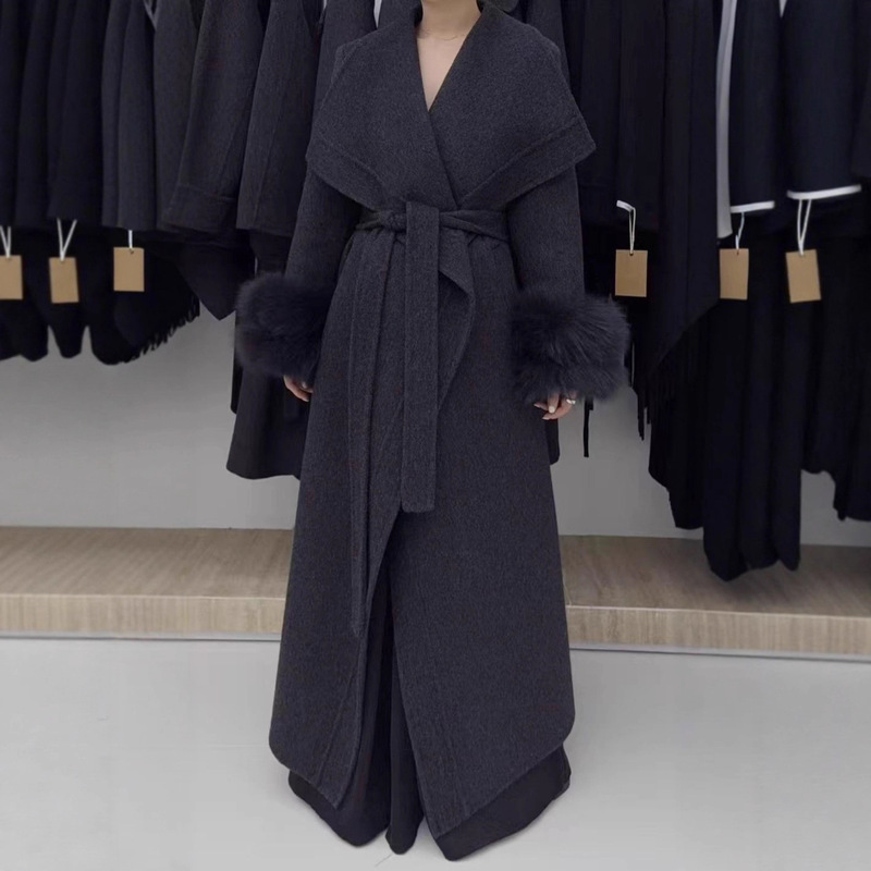 2025 Winter Patterned Long Double Fur Sleeve Fox Fur Double-Sided Wool Coat Classy Elegant Fashionable Woolen Outwear for Women