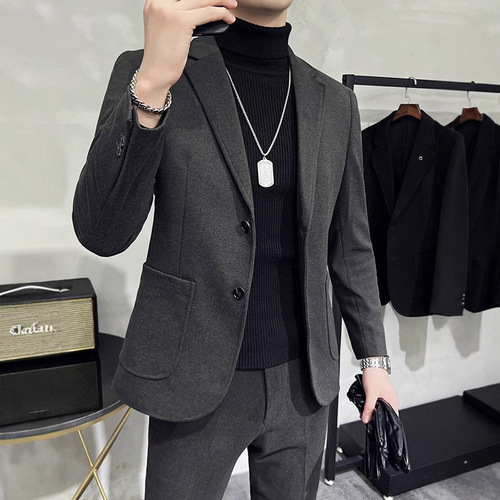 Autumn/Winter Men's Thick Wool Blazer Korean Style Overcoat Cool Trendy High-End Slim Fit Casual Blazer