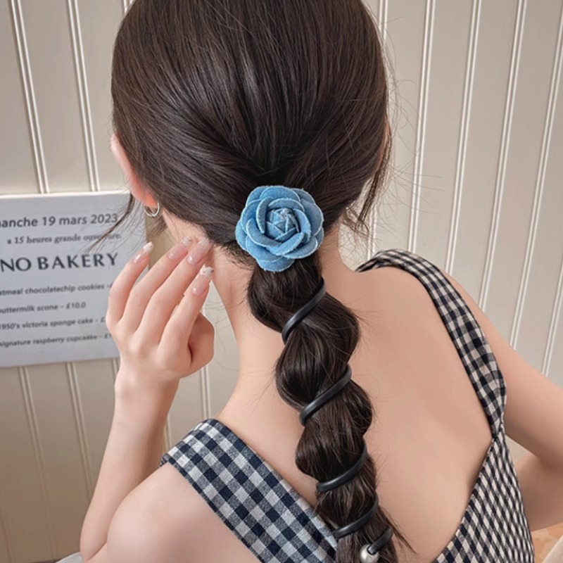 Temperamento de verano vaquero azul flor línea telefónica bucle de cabello de alta calidad 2025 nuevo cabello de burbuja trenza atado artefacto de cabello